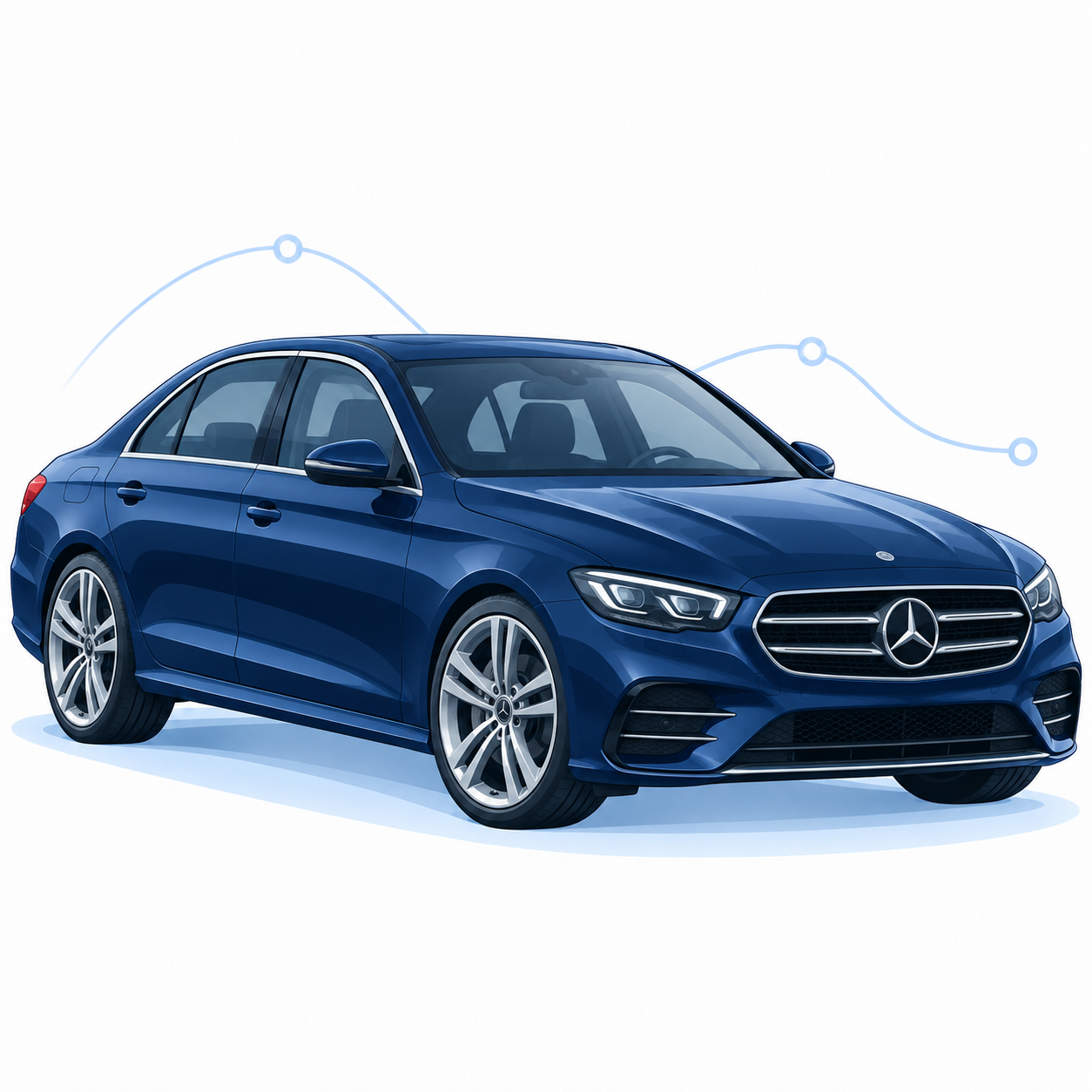 Illustration of a navy-blue Mercedes-Benz E-Class saloon with a pale-blue route line.