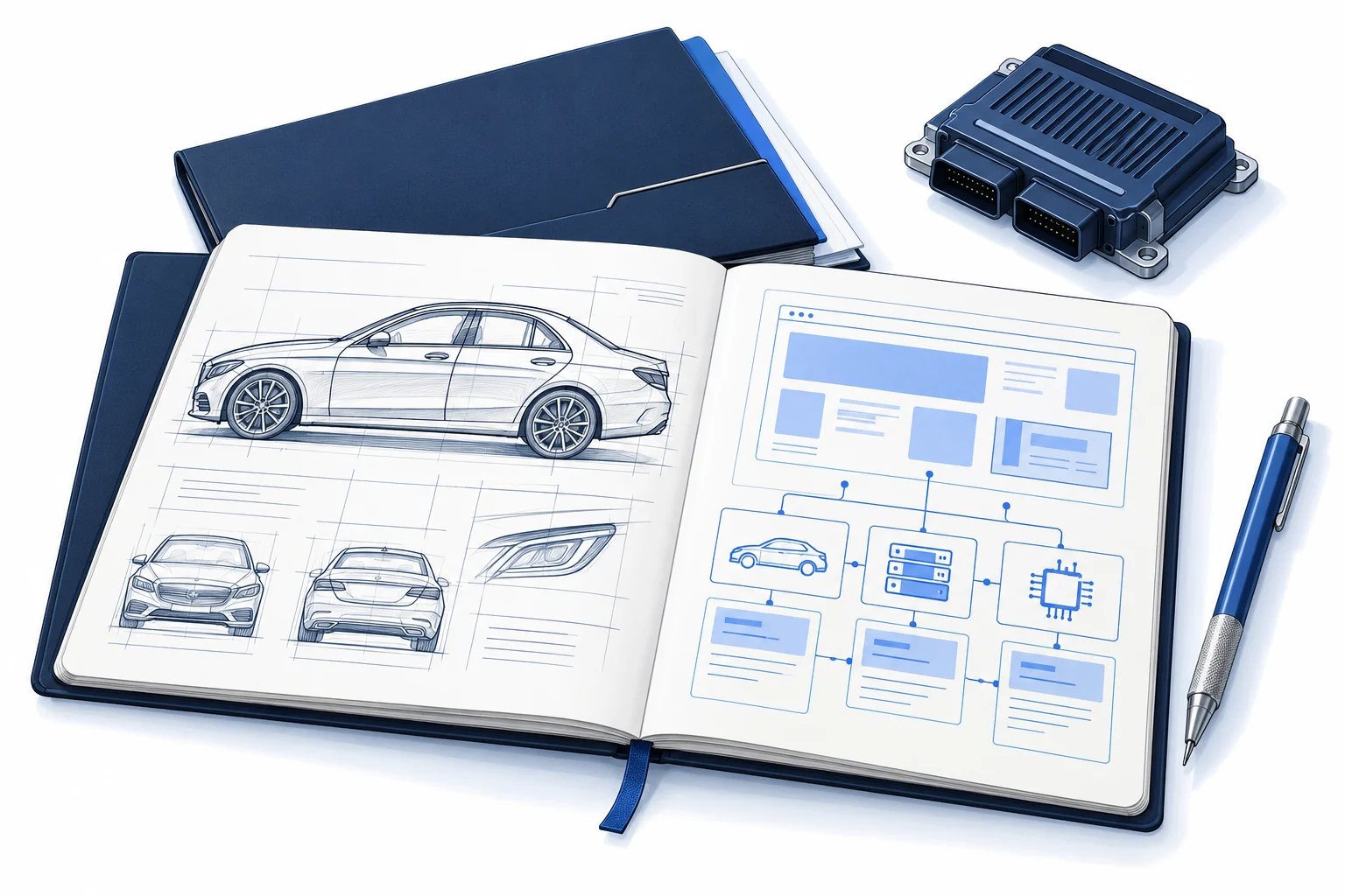 Concept illustration of automotive sketches, a website wireframe and an electronics module in a project notebook.